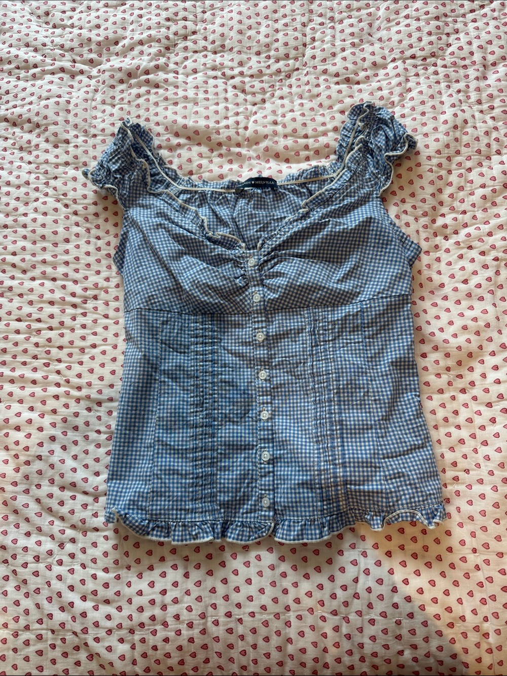 Brandy Melville Blue Gingham Ruffle Button-Up Top